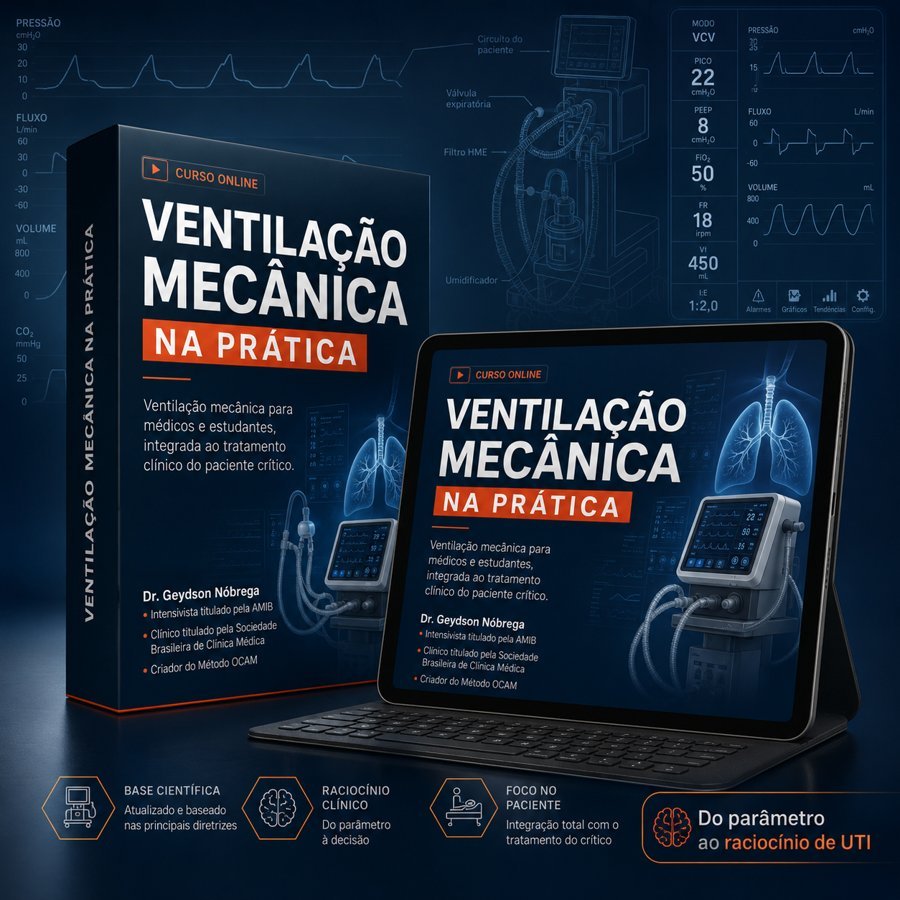 Curso Ventilação Mecânica na Prática exibido em tablet e caixa do produto, com traçados de pressão, fluxo e volume ao fundo